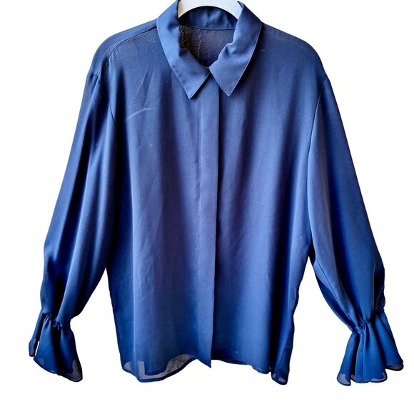 ANNE KLEIN A LINE Vtg USA Blouse Shirt Navy Blue Button Up RUFFLES Womens Medium - Picture 6 of 14